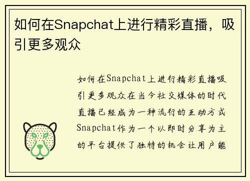 如何在Snapchat上进行精彩直播，吸引更多观众